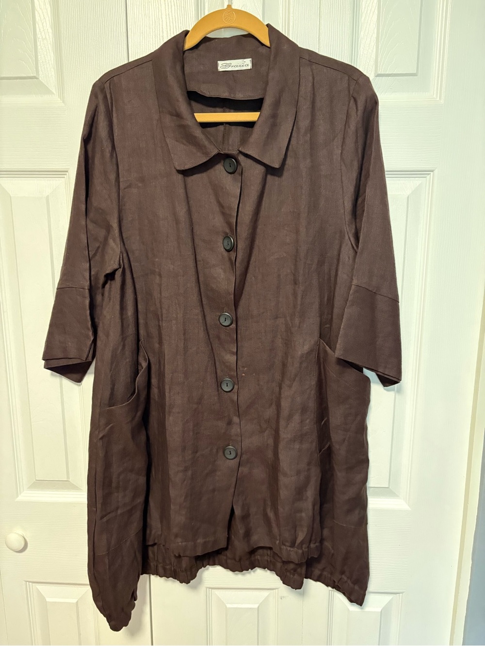 Brown Linen Shirt Jacket with 3/4 Sleeves and Pockets
